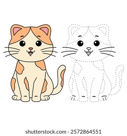 Doodle cute cat isolated on white background vector. Cat coloring page for kindergarten and preschool worksheets for kids printable. Trace and color Cat. Cute kitten.