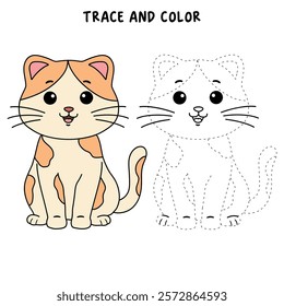 Doodle cute cat isolated on white background vector. Cat coloring page for kindergarten and preschool worksheets for kids printable. Trace and color Cat. Cute kitten.