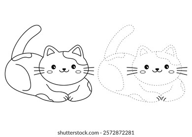 Doodle cute cat isolated on white background vector. Cat coloring page for kindergarten and preschool worksheets for kids printable. Trace and color Cat. Cute kitten.