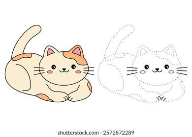 Doodle cute cat isolated on white background vector. Cat coloring page for kindergarten and preschool worksheets for kids printable. Trace and color Cat. Cute kitten.