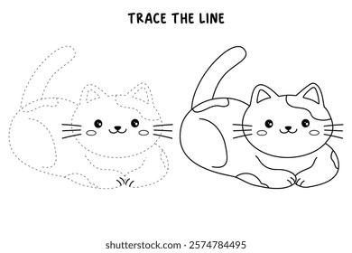 Doodle cute cat isolated on white background vector. Cat coloring page for kindergarten and preschool worksheets for kids printable. Trace and color Cat. Cute kitten.