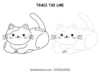 Doodle cute cat isolated on white background vector. Cat coloring page for kindergarten and preschool worksheets for kids printable. Trace and color Cat. Cute kitten.