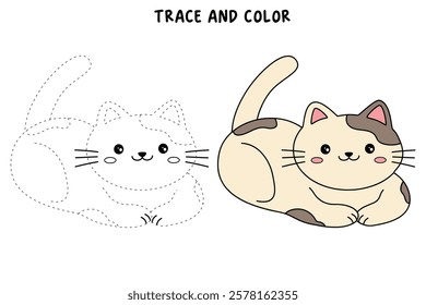 Doodle cute cat isolated on white background vector. Cat coloring page for kindergarten and preschool worksheets for kids printable. Trace and color Cat. Cute kitten.