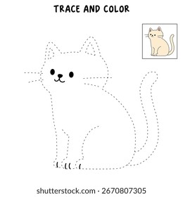 Doodle cute cat isolated on white background vector. Cat coloring page for kindergarten and preschool worksheets for kids printable. Trace and color Cat. Cute kitten.