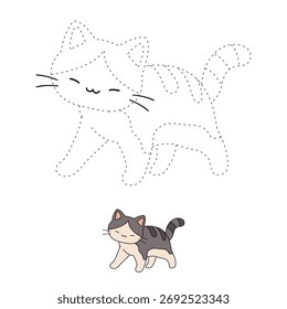Doodle cute cat isolated on white background vector. Cat coloring page for kindergarten and preschool worksheets for kids printable. Trace and color cat for kids printable vector. Cute kitten.
