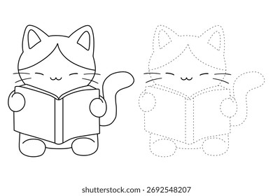 Doodle cute cat reading a book clipart flat illustration vector. Cat coloring page for kindergarten and preschool printable. Trace and color cat for kids printable. Cute kitten cozy coloring page.