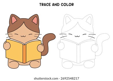 Doodle süße Katze lesen ein Buch Clipart flachen Illustrationsvektor. Cat Malvorlage für Kindergarten und Kindergarten druckbar. Spur- und Farbkatze für druckbare Kinder. Süße Kätzchen gemütlich Malvorlage.