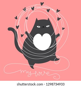Doodle cute cat with tangled thread. Typography text my love. Modern artistic illustration for St Valentine s day cards, romantic, love design.