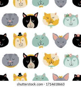 Doodle cute cats and kitties pattern vector