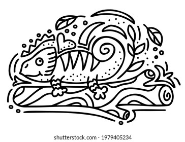 Doodle cute chameleon on a branch. Hand drawn reptile isolated on white. Tropical animal with leaves and flowers. Lizard. Vector illustration for baby textiles fabric, packaging paper, coloring book.