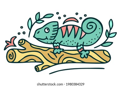 Doodle cute chameleon on a branch in colour. Hand drawn reptile isolated on white. Tropical animal with leaves and flowers. Lizard. Vector illustration for baby textiles fabric, packaging paper.