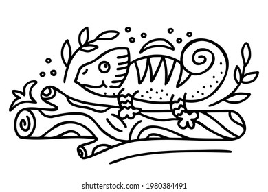 Doodle cute chameleon on a branch. Hand drawn reptile isolated on white. Tropical animal with leaves and flowers. Lizard. Vector illustration for baby textiles fabric, packaging paper, coloring book.