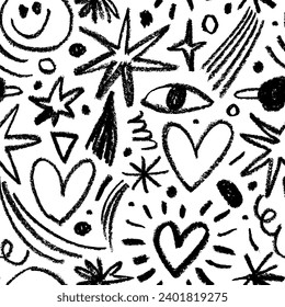 Doodle cute charcoal childish elements seamless pattern. Hand drawn pencil doodle lines and shapes, stars, hearts, squiggles and smile. Creative abstract art background for children.