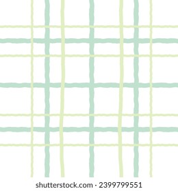 Doodle cute Check Plaid Vector Pattern. Vertical and horizontal textured hand drawn crossing pastel stripes. Chequered freehand green background. Cottagecore Homestead Farmhouse Print