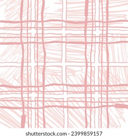 Doodle cute Check Plaid Vector Pattern. Vertical and horizontal textured hand drawn crossing pastel stripes. Chequered freehand geometrical background. Cottagecore Homestead Farmhouse Print