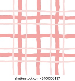 Doodle cute Check Plaid Vector seamless Pattern. Vertical and horizontal textured hand drawn crossing pastel stripes. Chequered freehand pink background. Cottagecore Homestead Farmhouse Print