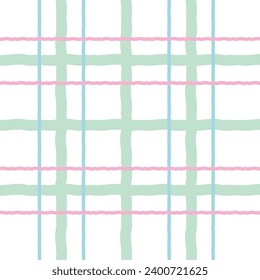 Doodle cute Check Plaid Vector Pattern. Vertical and horizontal textured hand drawn crossing pastel stripes. Chequered freehand geometrical background. Cottagecore Homestead Farmhouse Print