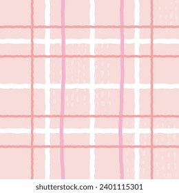 Doodle cute Check Plaid Vector Pattern. Vertical and horizontal textured hand drawn crossing pastel stripes. Chequered freehand geometrical background. Cottagecore Homestead Farmhouse Print