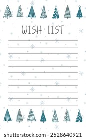 Doodle Cute Christmas Wish list template. Winter Holidays preparing funny Background. Hand drawn Christmas Tree and snowflakes Frame. Template for Card invitation Poster Banner