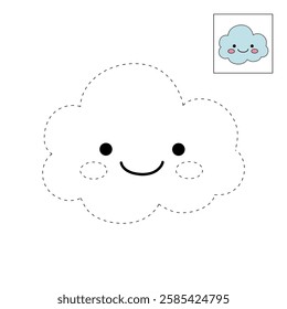 Doodle cute cloud coloring pages worksheets for kids activity printable. Trace and color cute cloud. Summer cartoon cute cloud clip art vector isolated on white background.