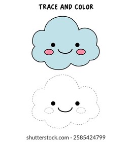 Doodle cute cloud coloring pages worksheets for kids activity printable. Trace and color cute cloud. Summer cartoon cute cloud clip art vector isolated on white background.