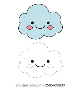 Doodle cute cloud coloring pages worksheets for kids activity printable. Trace and color cute cloud. Summer cartoon cute cloud clip art vector isolated on white background.