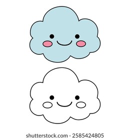 Doodle cute cloud coloring pages worksheets for kids activity printable. Trace and color cute cloud. Summer cartoon cute cloud clip art vector isolated on white background.