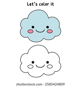 Doodle cute cloud coloring pages worksheets for kids activity printable. Trace and color cute cloud. Summer cartoon cute cloud clip art vector isolated on white background.
