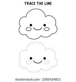Doodle cute cloud coloring pages worksheets for kids activity printable. Trace and color cute cloud. Summer cartoon cute cloud clip art vector isolated on white background.