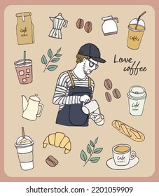 Doodle cute coffee elements,
 barista enjoy making coffee. coffee lover concept. Hand drawn sketch design, simple style.