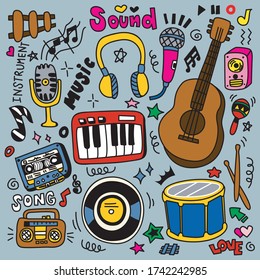 Doodle  of cute color musical instruments set hand drawn 