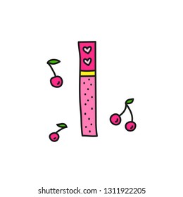 Doodle cute colored lip tint with cherry berries around isolated on white background.