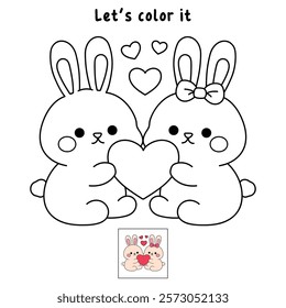 Doodle cute couple rabbit with heart isolated on white background vector. Couple rabbit with heart coloring page for valentine day theme printable. Cute element for valentine card.