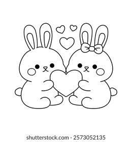 Doodle cute couple rabbit with heart isolated on white background vector. Couple rabbit with heart coloring page for valentine day theme printable. Cute element for valentine card.