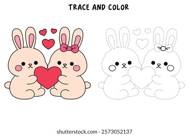 Doodle cute couple rabbit with heart isolated on white background vector. Couple rabbit with heart coloring page for valentine day theme printable. Cute element for valentine card.