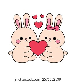 Doodle cute couple rabbit with heart isolated on white background vector. Couple rabbit with heart coloring page for valentine day theme printable. Cute element for valentine card.