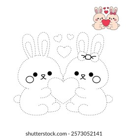 Doodle cute couple rabbit with heart isolated on white background vector. Couple rabbit with heart coloring page for valentine day theme printable. Cute element for valentine card.