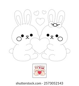 Doodle cute couple rabbit with heart isolated on white background vector. Couple rabbit with heart coloring page for valentine day theme printable. Cute element for valentine card.