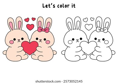 Doodle cute couple rabbit with heart isolated on white background vector. Couple rabbit with heart coloring page for valentine day theme printable. Cute element for valentine card.