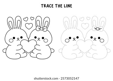 Doodle cute couple rabbit with heart isolated on white background vector. Couple rabbit with heart coloring page for valentine day theme printable. Cute element for valentine card.