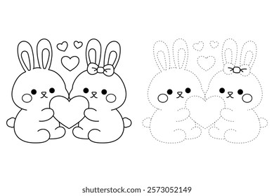 Doodle cute couple rabbit with heart isolated on white background vector. Couple rabbit with heart coloring page for valentine day theme printable. Cute element for valentine card.