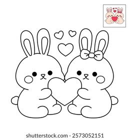 Doodle cute couple rabbit with heart isolated on white background vector. Couple rabbit with heart coloring page for valentine day theme printable. Cute element for valentine card.