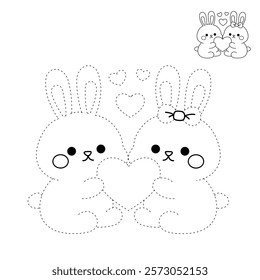 Doodle cute couple rabbit with heart isolated on white background vector. Couple rabbit with heart coloring page for valentine day theme printable. Cute element for valentine card.