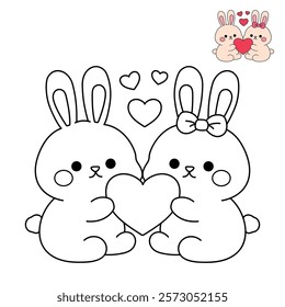 Doodle cute couple rabbit with heart isolated on white background vector. Couple rabbit with heart coloring page for valentine day theme printable. Cute element for valentine card.