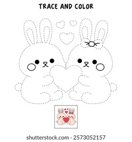 Doodle cute couple rabbit with heart isolated on white background vector. Couple rabbit with heart coloring page for valentine day theme printable. Cute element for valentine card.