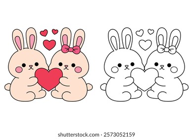 Doodle cute couple rabbit with heart isolated on white background vector. Couple rabbit with heart coloring page for valentine day theme printable. Cute element for valentine card.