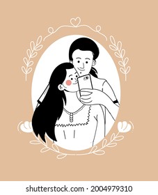 A doodle of cute couple, taking mirror selfie with love, flowers and leaves, smartphone.