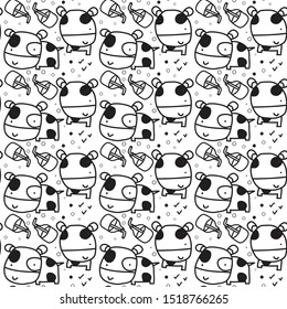 Doodle cute cow seamless pattern. Black and white background design for, wrapping, printing, fabric, clothing and textile. Vector illustration