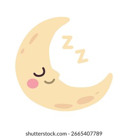 Doodle bonito crescente lua dormindo clipart, elemento, ícone vetor isolado no fundo branco. Clipart de lua crescente adormecida bonito, vetor ícone. Vetor de meia lua.