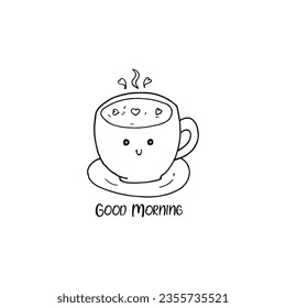 Doodle cute cup of coffee character with a smiling face, vector cartoon.
